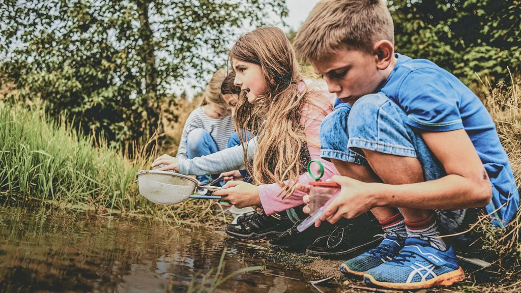 Entdeckendes Lernen: Kinder mit Sieb und Gläsern erforschen das Wasser und seine Bewohner in der Natur 
