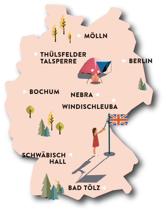 Eine Karte auf der die Jugendherbergen verzeichnet sind in denen man Englisch lernen kann.