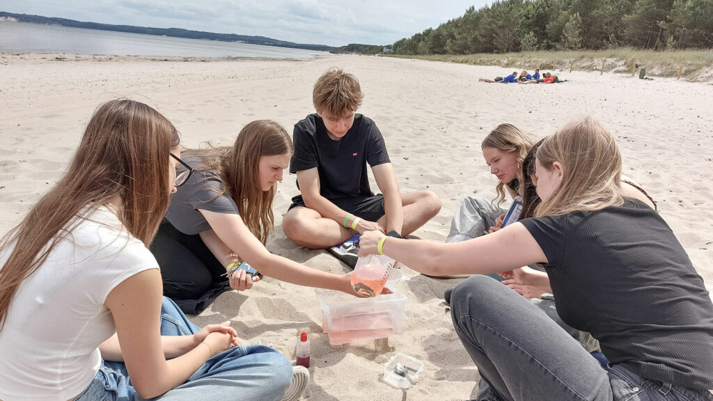 Eine Gruppe Jugendlicher sitzt am Strand von Prora im Sand und untersucht gemeinsam eine Wasserprobe. Im Hintergrund sind die Ostsee, Dünen und Wald zu sehen.