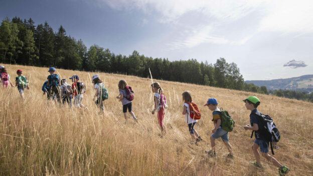 Eine Gruppe von Grundschulkindern mit Rucksäcken wandert an einem sonnigen Tag durch ein trockenes Feld am Waldrand.